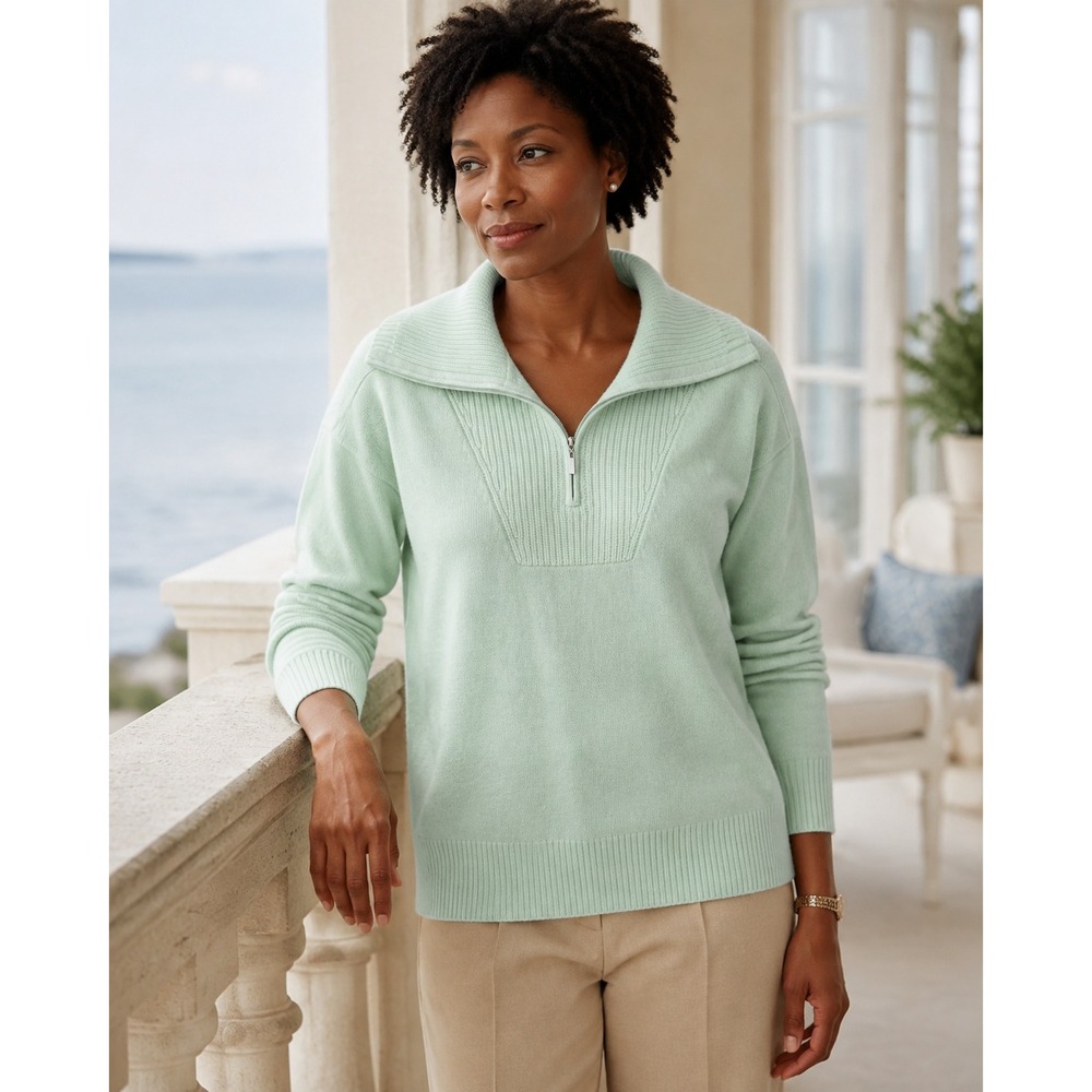 Charter Club Luxury Sweater Womens Large Mint Green‎ 100% Cashmere Knit 1/4 Zip